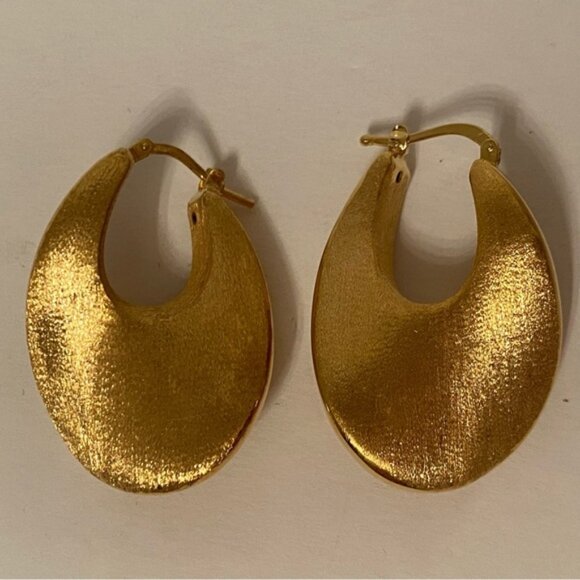 EARRINGS 925 GOLD VERMEIL STERLING SILVER BRUSHED MODERNIST HOOP DROP LEVER - Picture 1 of 9